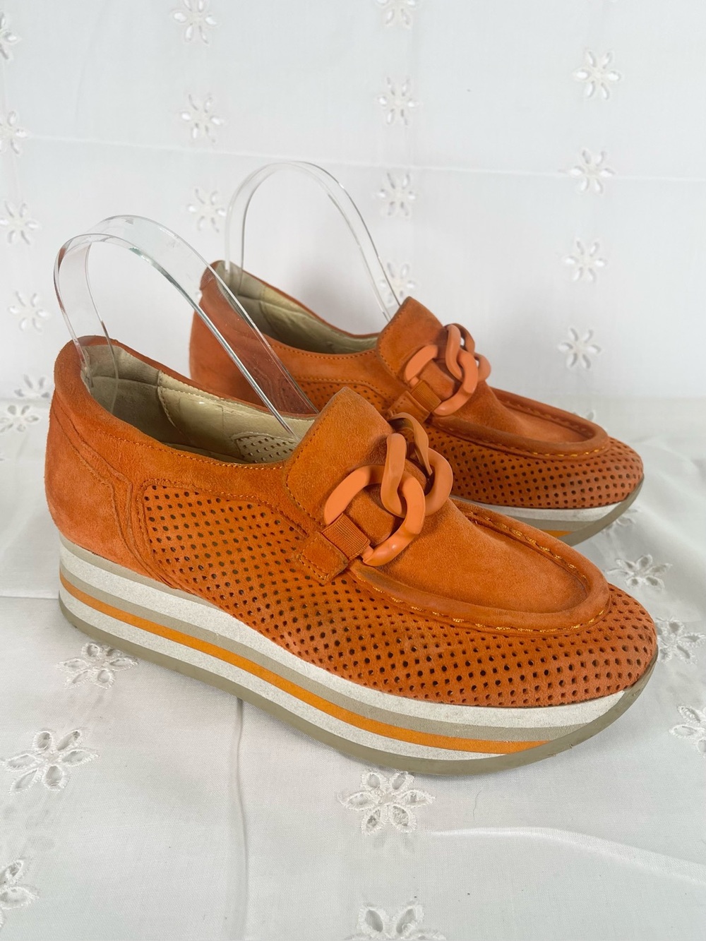Softwaves Cloe Orange Suede Perforated Platform Loafers Size 38